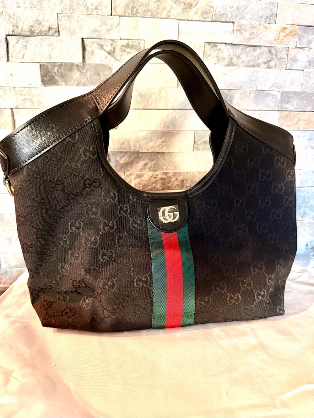 Small Black Canvas Tote Bag with Green and Red Web Stripe